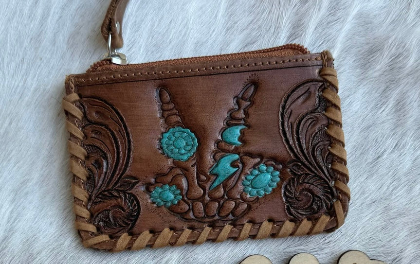 PREORDER Tooled Leather Coin Purse with Cowhide backing