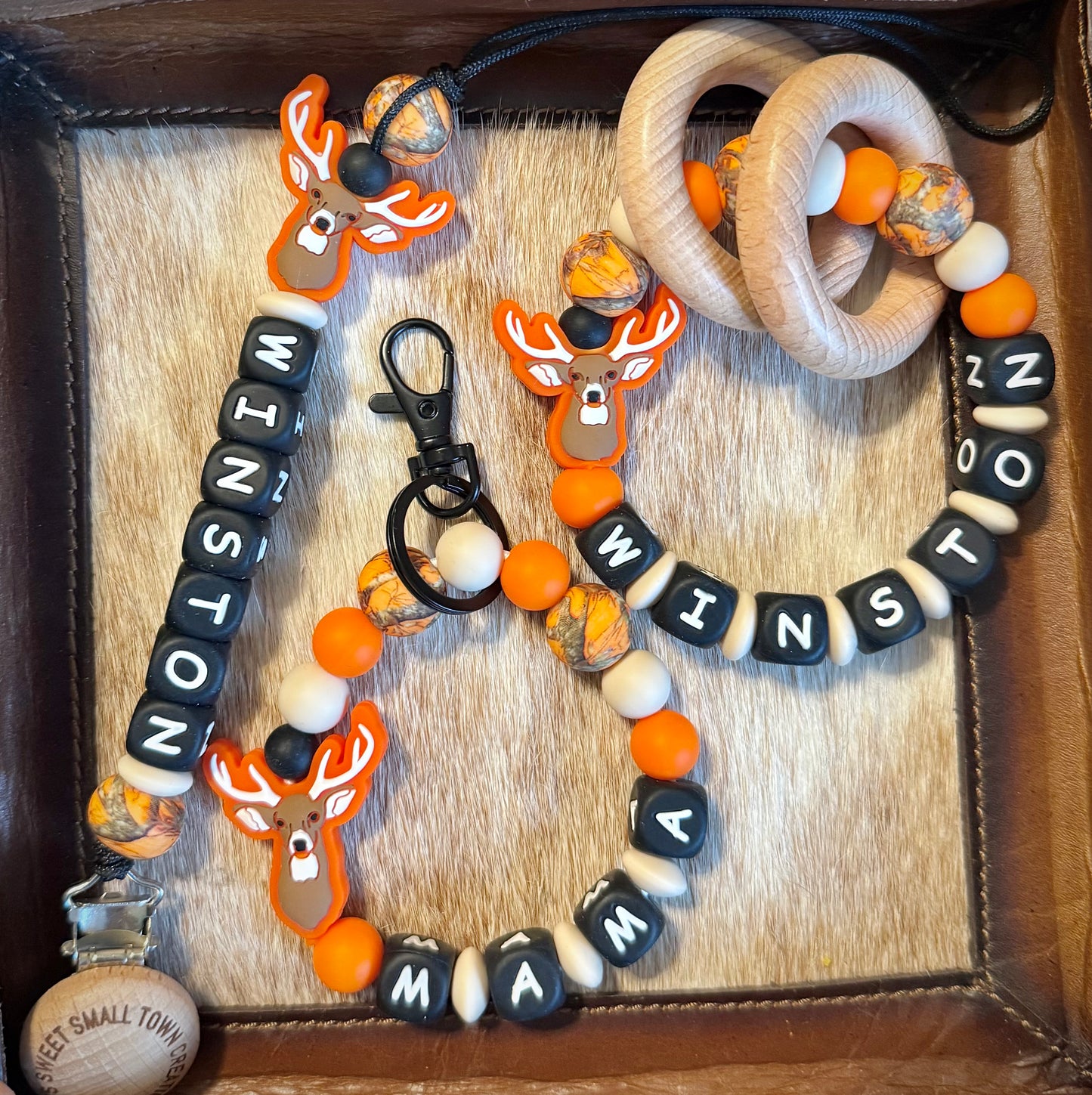 Orange Camo Deer Teether Set with Custom Name
