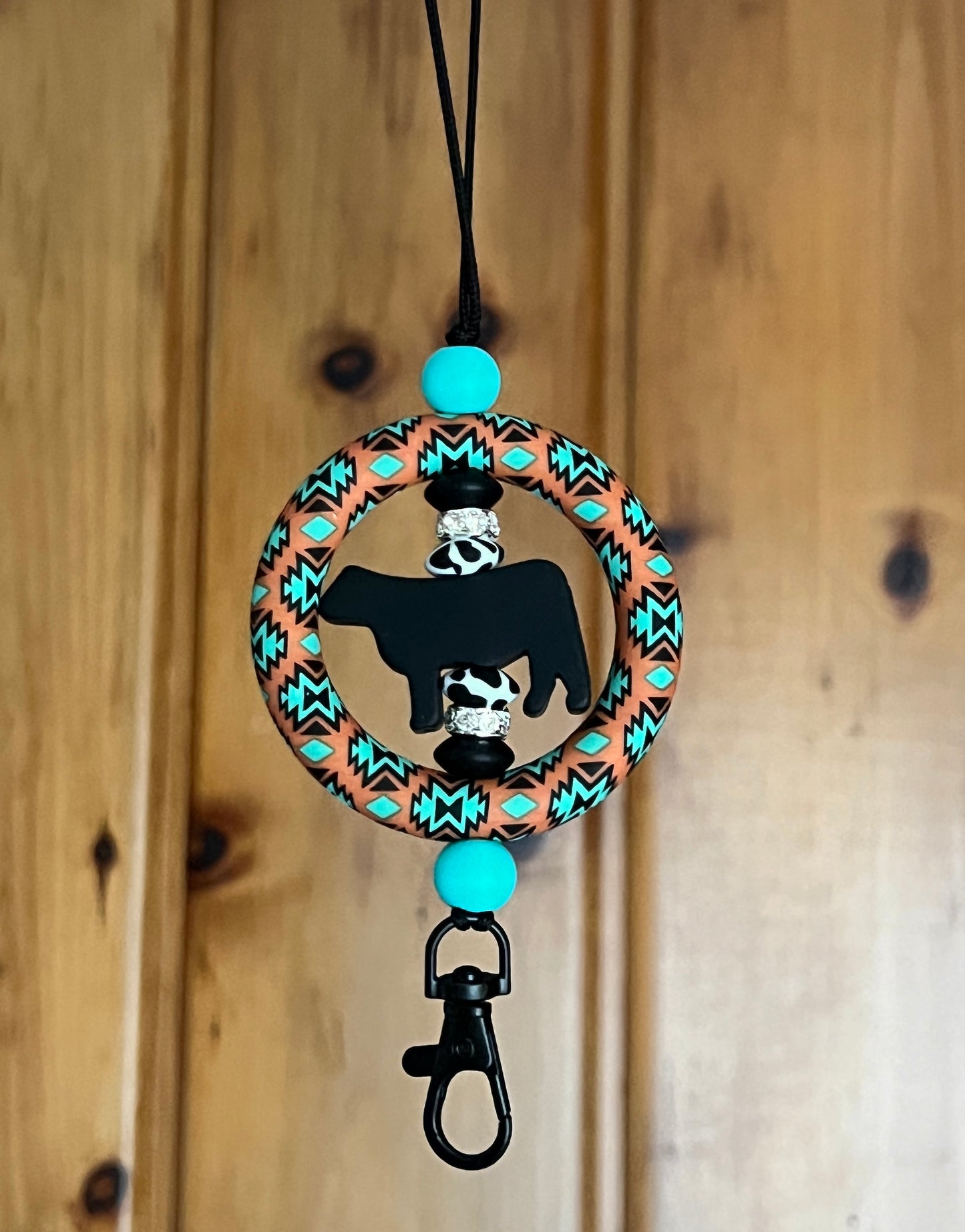 Black Cow Rust/ Turquoise Aztec Car Dangle