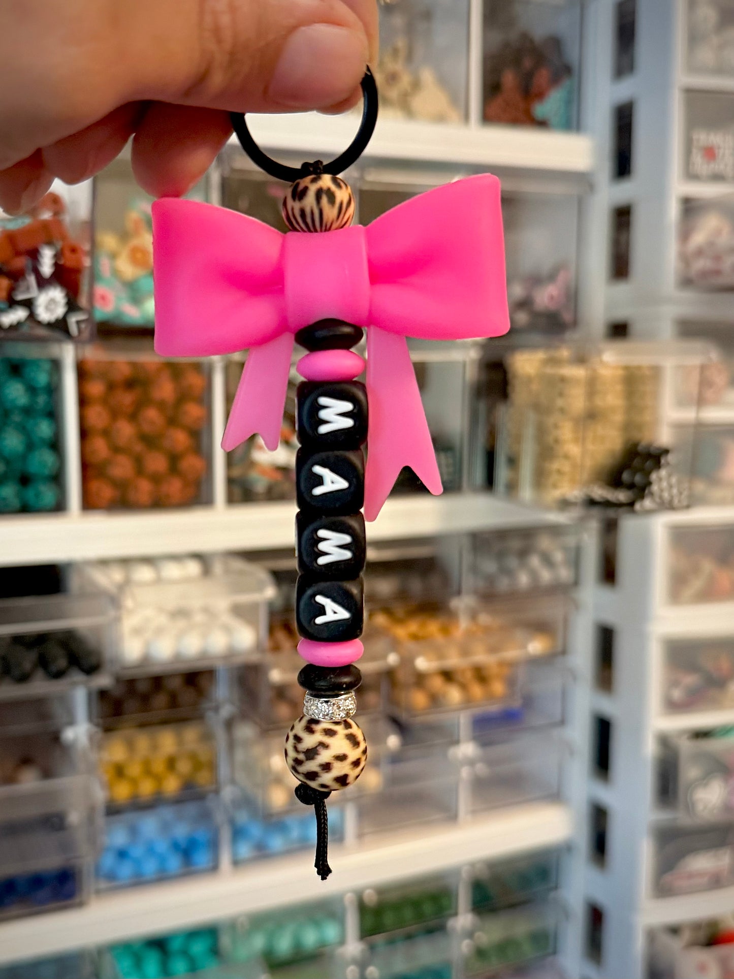 Pink Bow Cheetah Mama Keychain