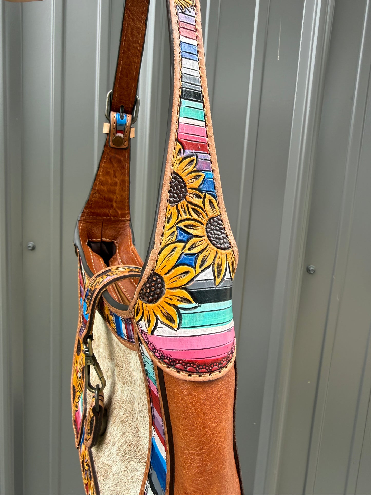 Colorful Sunflower Tooled Genuine Cowhide Purse