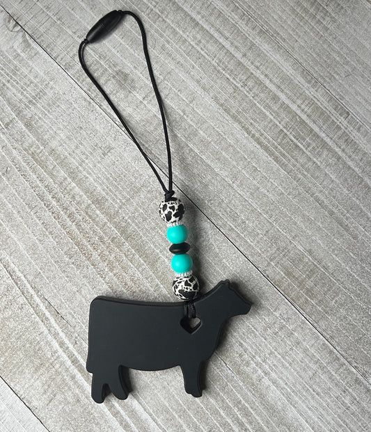 Black Cow Turquoise Cowhide Car Dangle