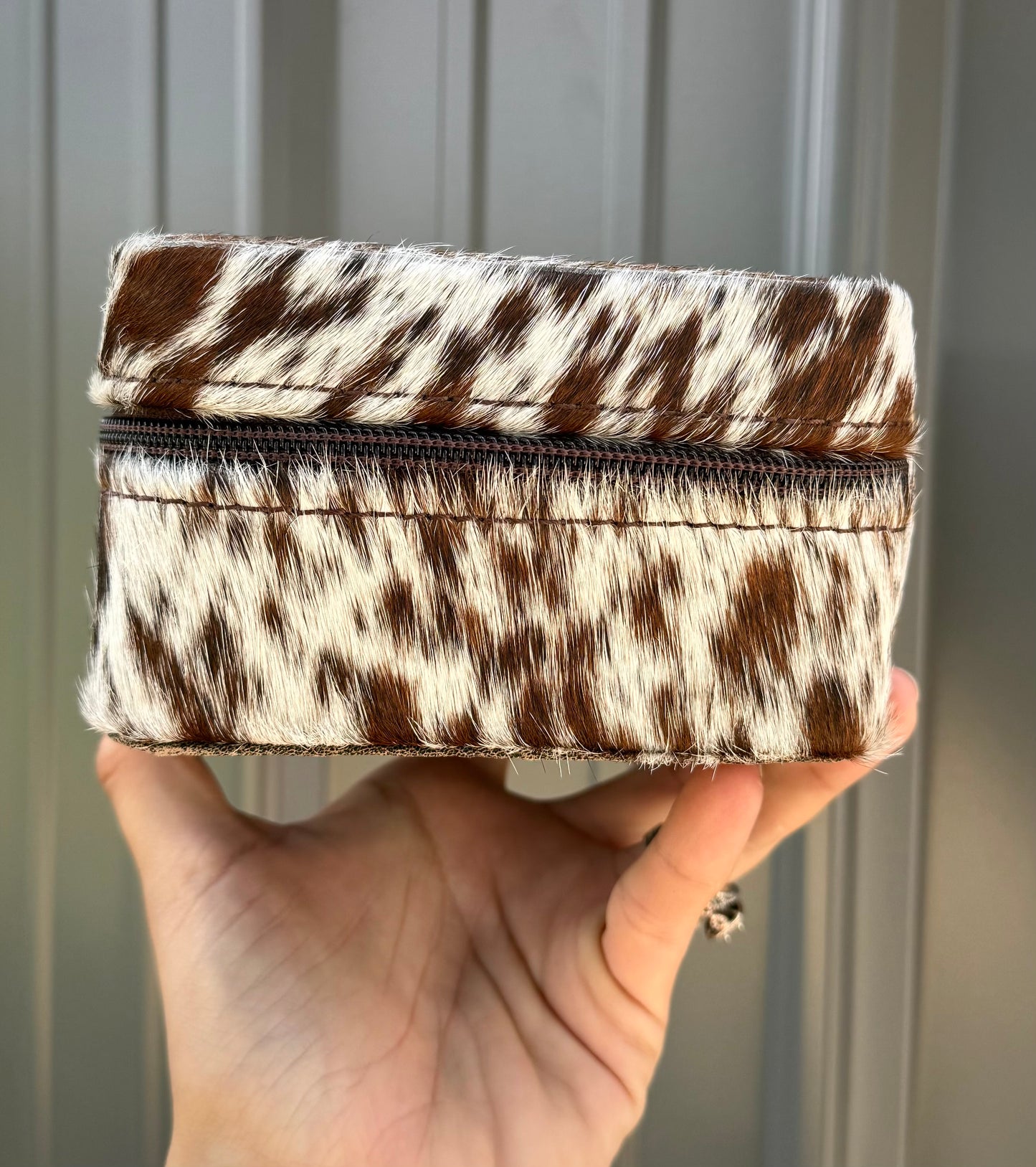 Dark Brown Speckled Cowhide Square Jewelry Zipper Box