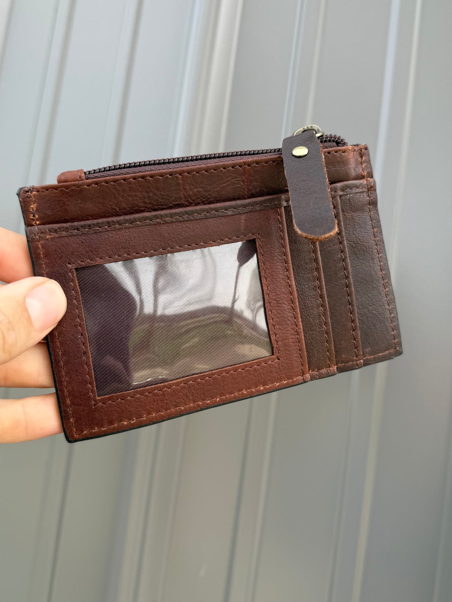 Diamond Tooled Leather Cowhide Zipper Pouch with Card Slots