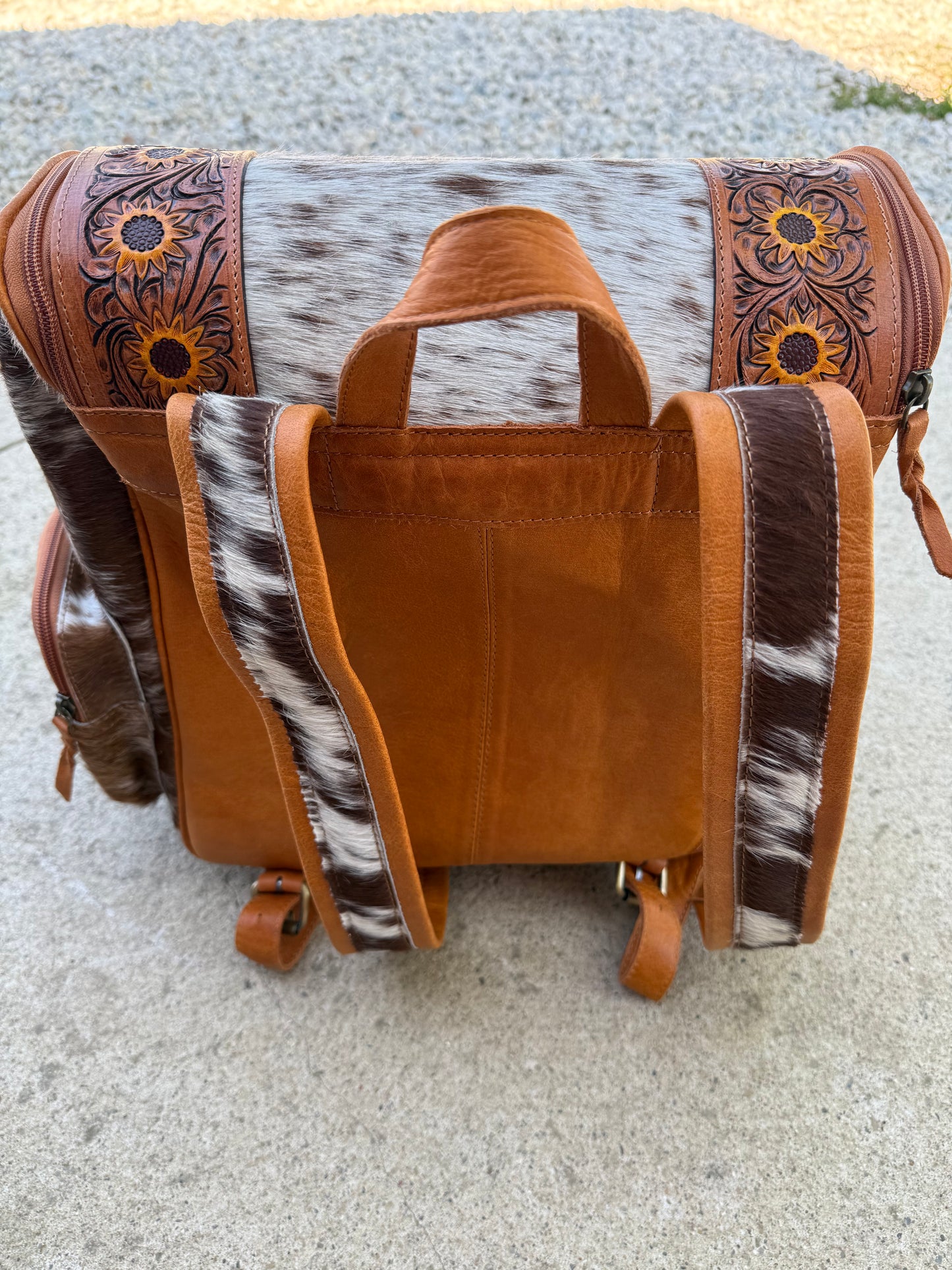 Sunflower Highland Cow Tooled Leather Brown Cowhide Backpack / Diaper Bag