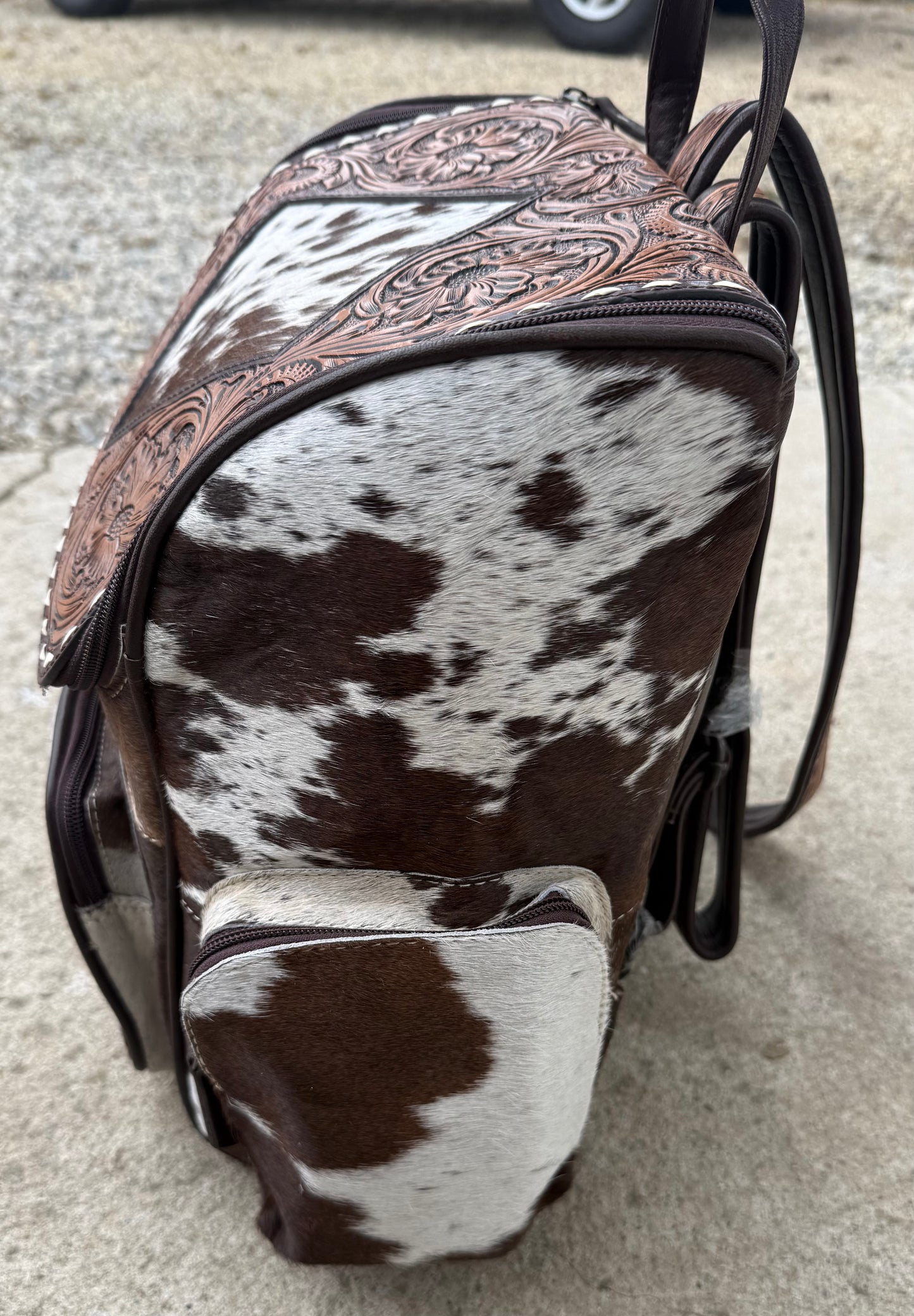 Tooled Leather Brown Speckled Cowhide Diamond Backpack / Diaper Bag