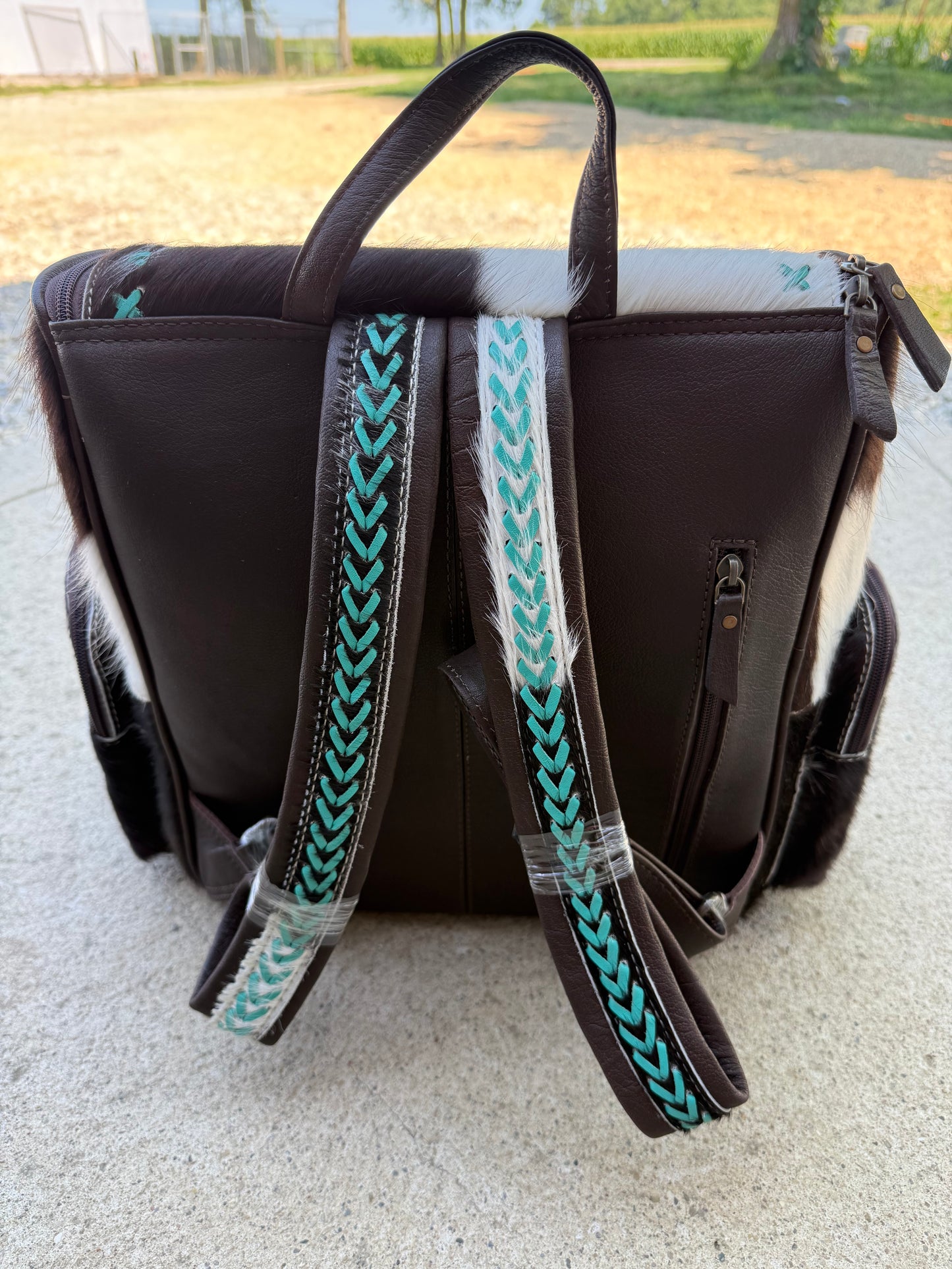 Black & White Cowhide Turquoise Stitching Backpack / Diaper Bag