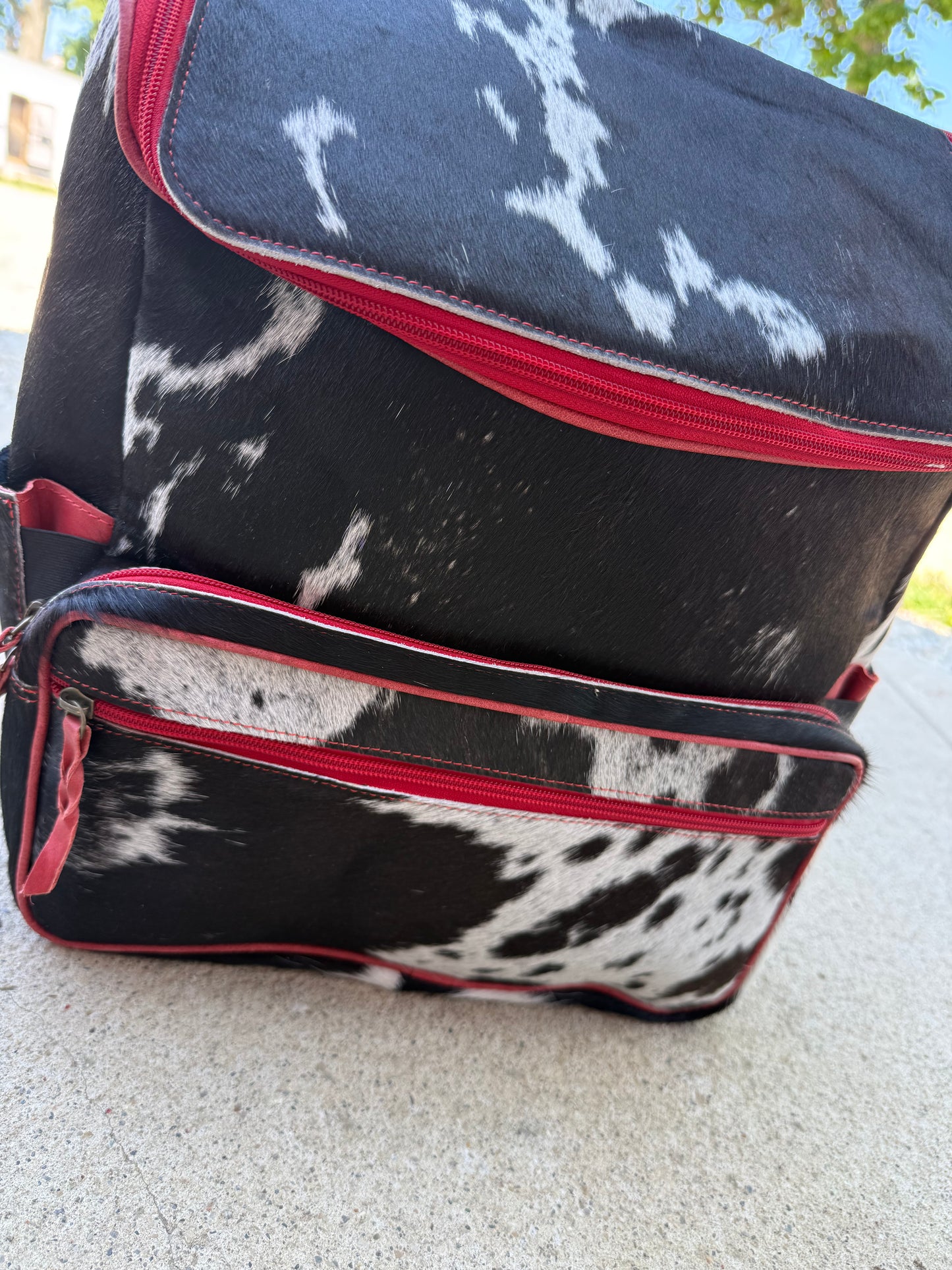 Red Leather Black Cowhide Backpack / Diaper Bag
