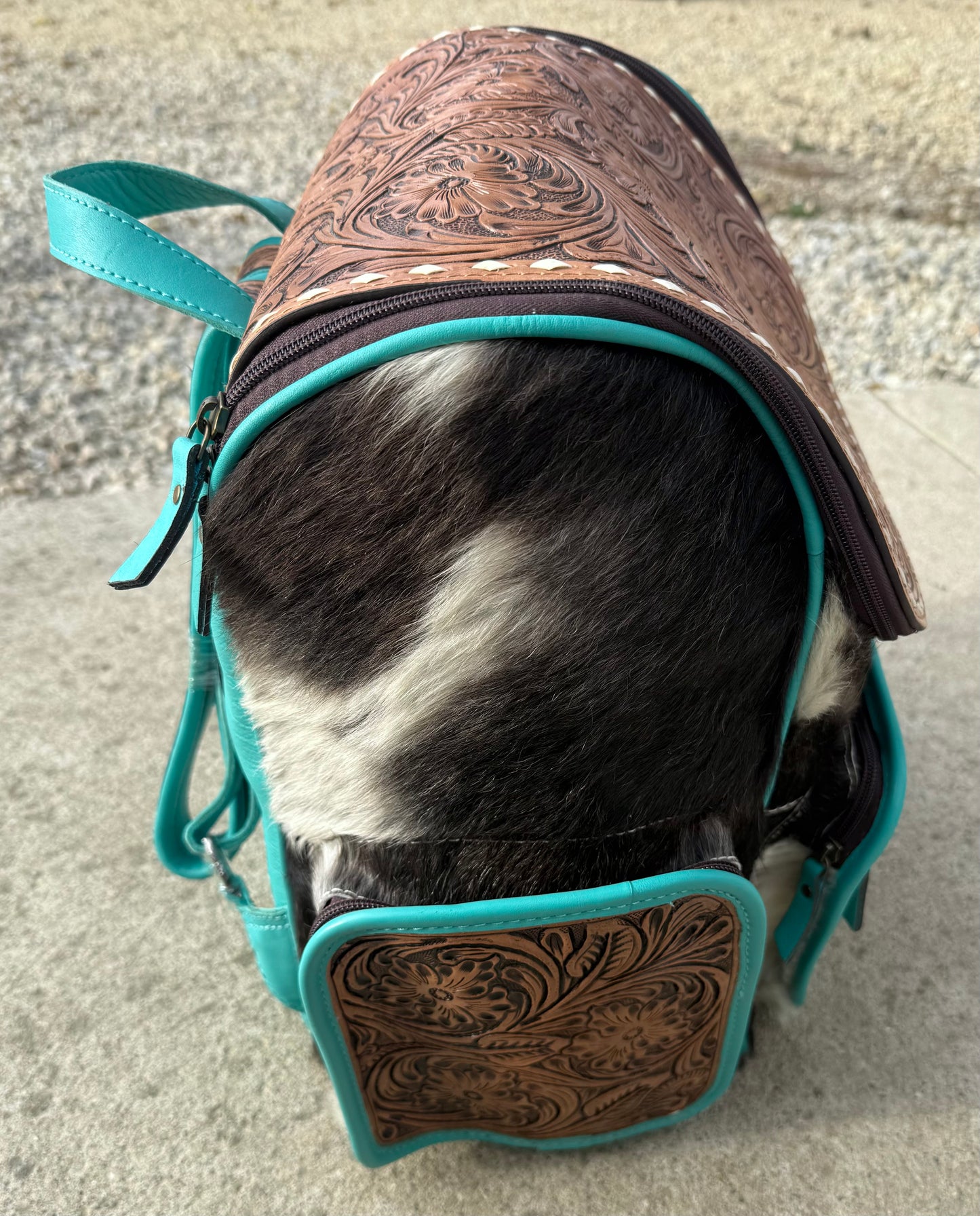 Turquoise Accent Tooled Leather Black Cowhide Backpack / Diaper Bag