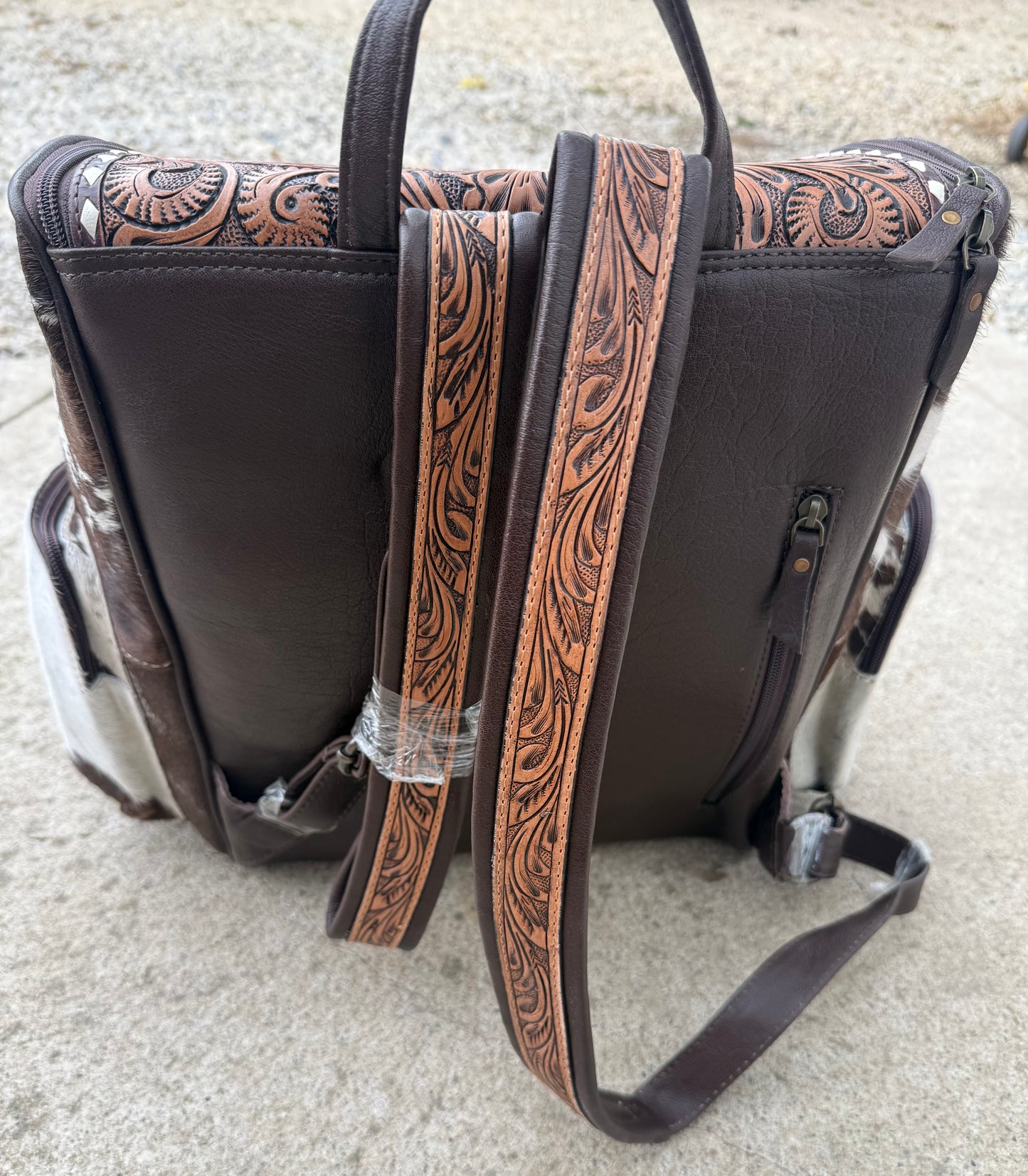 Tooled Leather Brown Speckled Cowhide Diamond Backpack / Diaper Bag