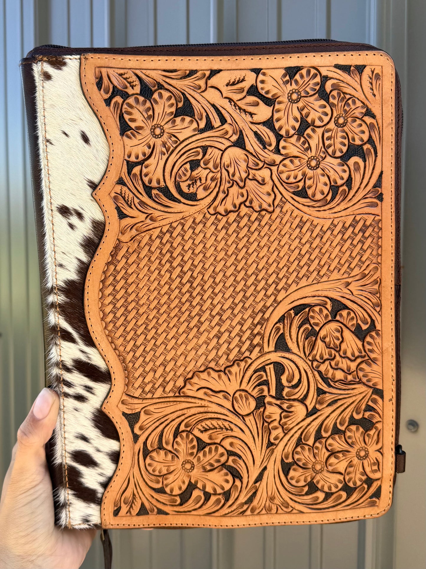 Brown Tooled Leather Binder Planner Tooled Leather Cowhide with Crossbody Strap