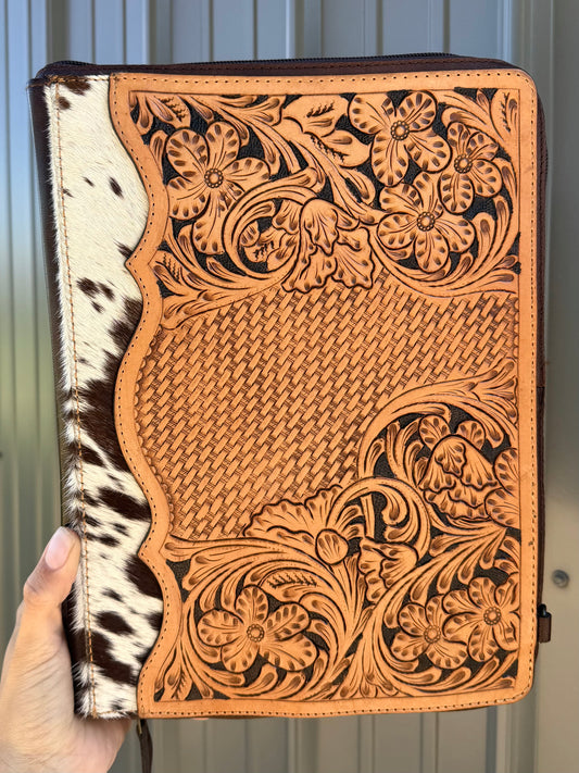 Brown Tooled Leather Binder Planner Tooled Leather Cowhide with Crossbody Strap