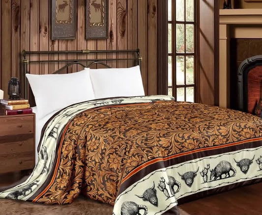 Tooled Leather Western Animal Highland Armadillo Cactus  Super Plush King Blanket