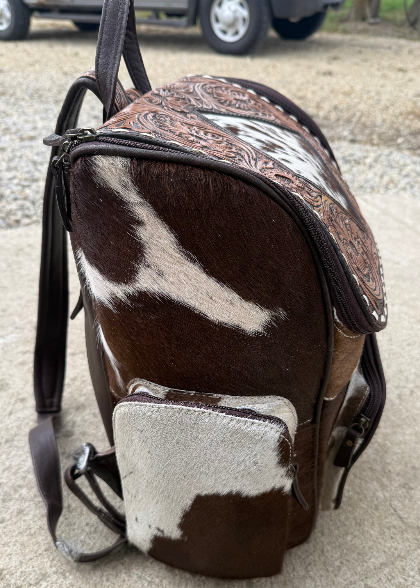 Tooled Leather Brown Speckled Cowhide Diamond Backpack / Diaper Bag
