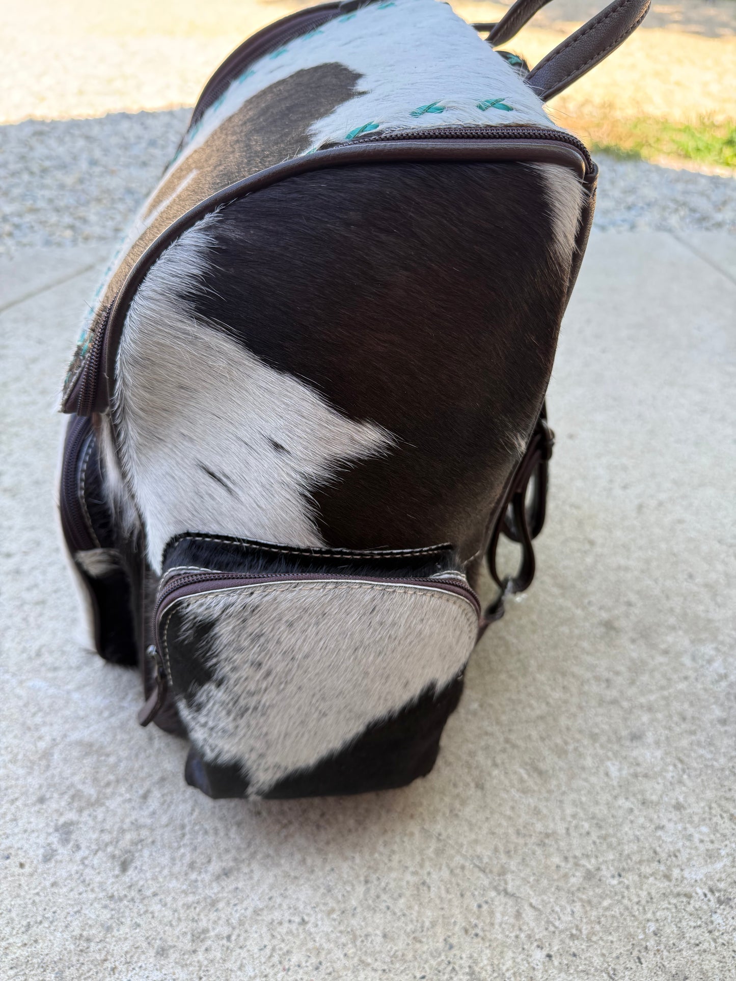 Black & White Cowhide Turquoise Stitching Backpack / Diaper Bag