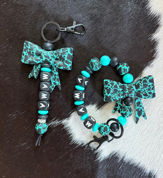 Mama Bow Turquoise Cowhide Keychian Set