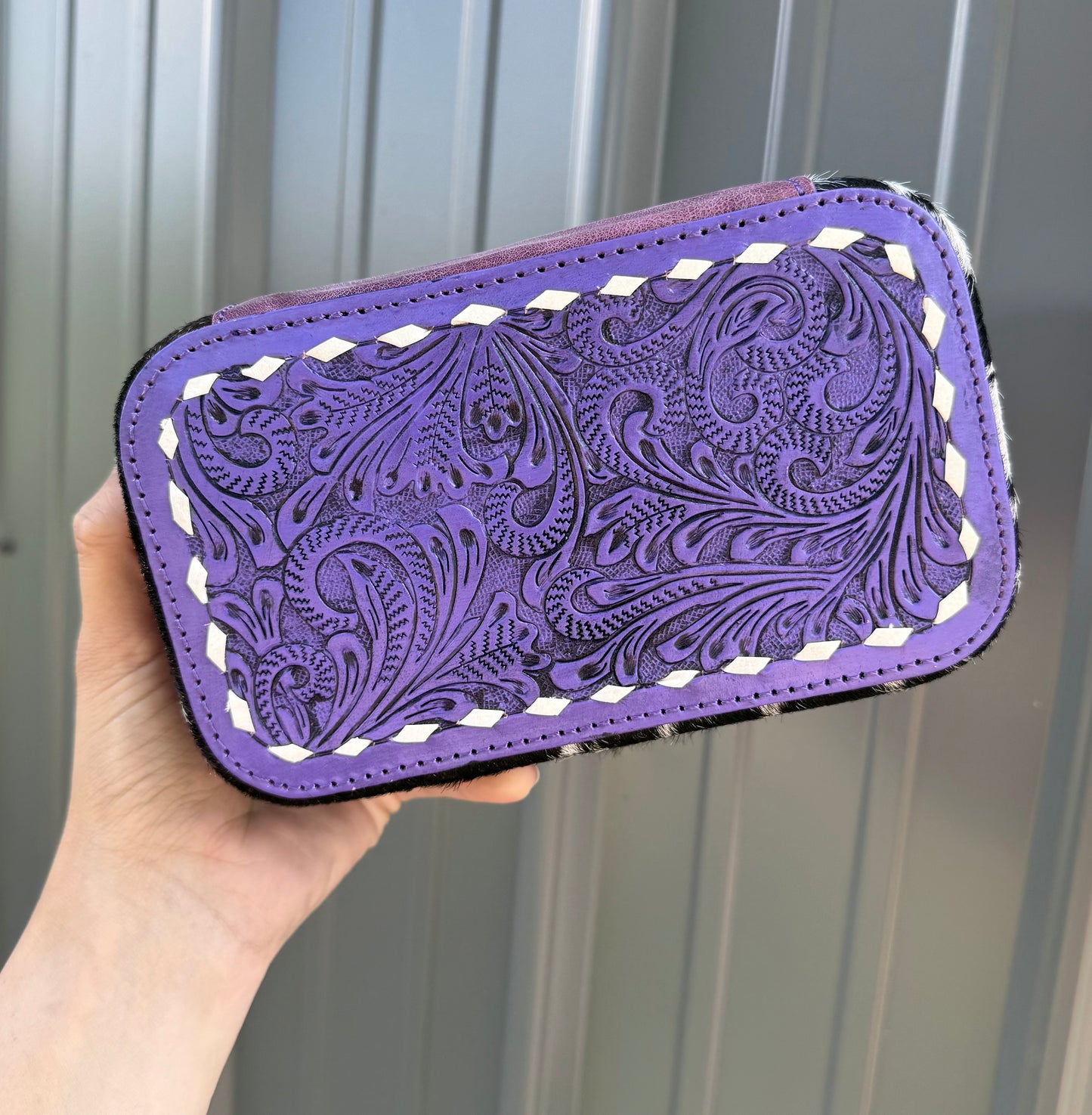 Tooled Purple Floral Spotted Cowhide Rectangle Jewelry Zipper Box