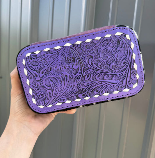 Tooled Purple Floral Spotted Cowhide Rectangle Jewelry Zipper Box