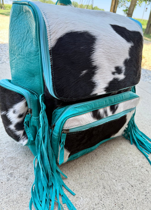 Turquoise Leather Fringe Cowhide Backpack / Diaper Bag