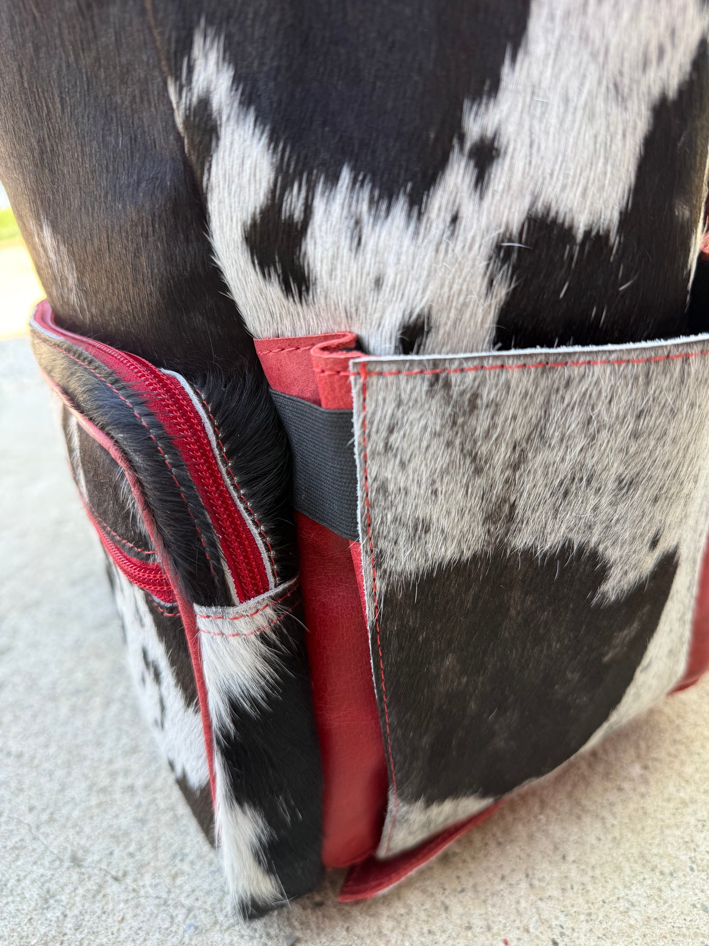 Red Leather Black Cowhide Backpack / Diaper Bag