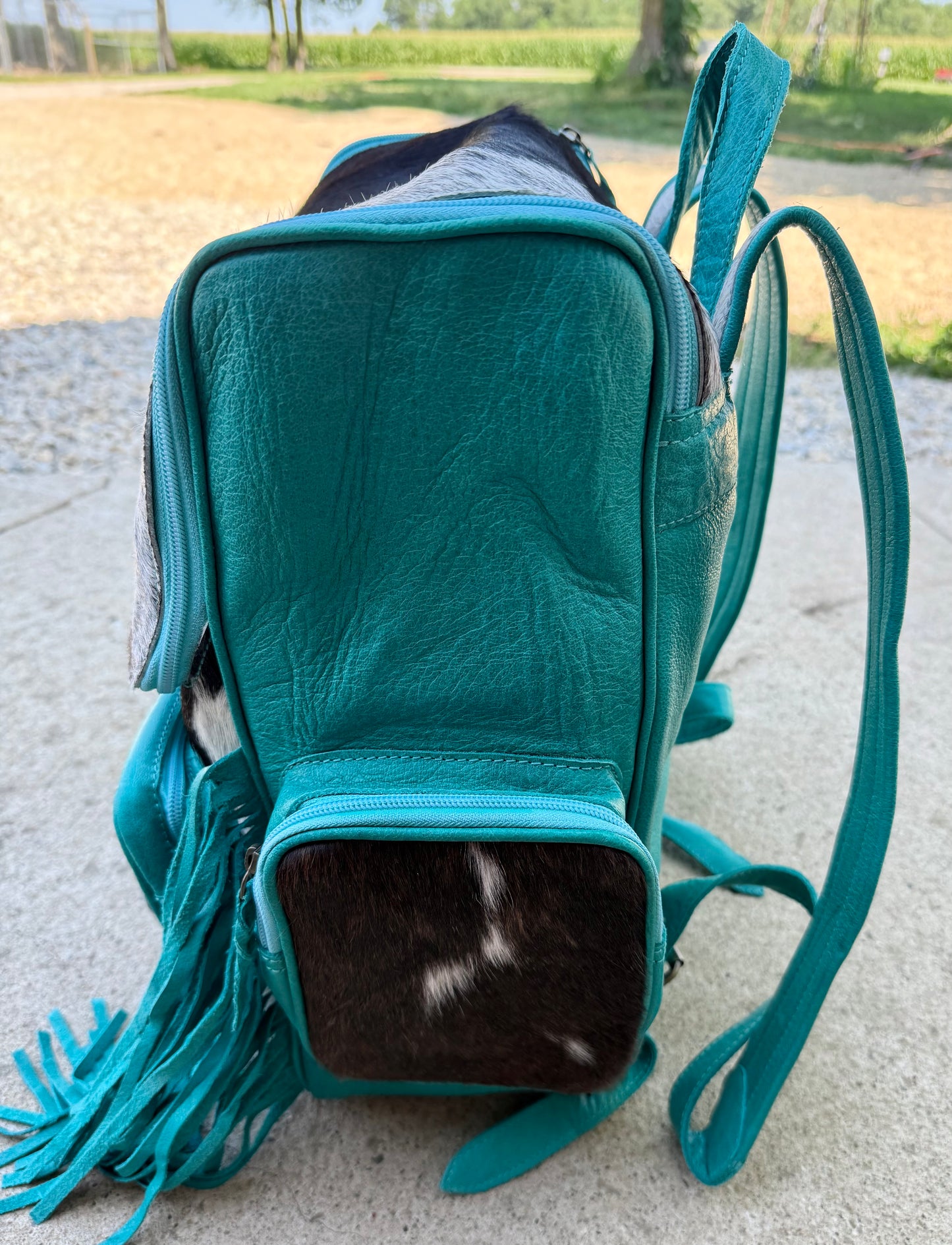Turquoise Leather Fringe Cowhide Backpack / Diaper Bag