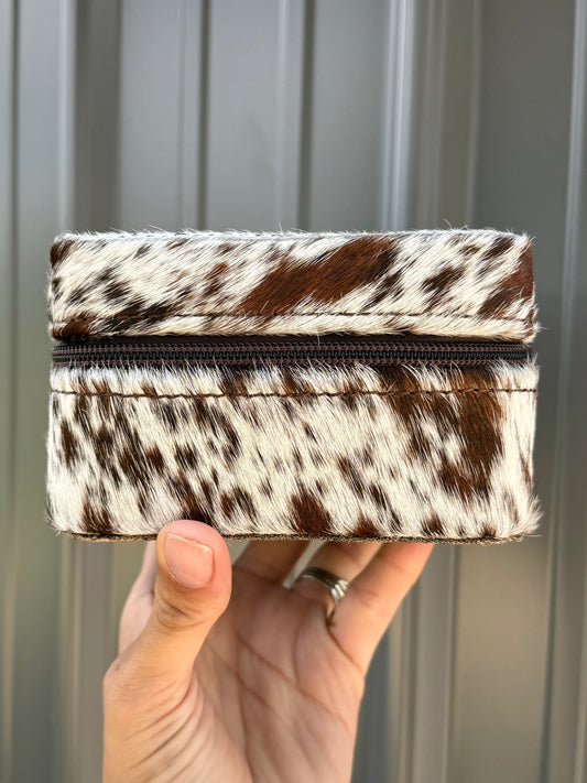 Dark Brown Speckled Cowhide Square Jewelry Zipper Box