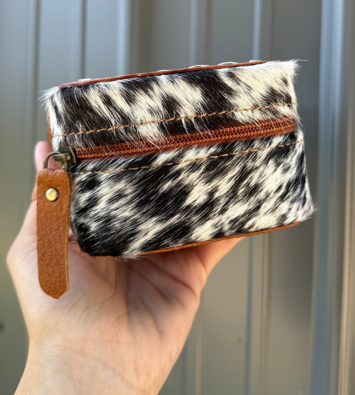 Tooled Floral Brown Speckled Cowhide Rectangle Jewelry Zipper Box