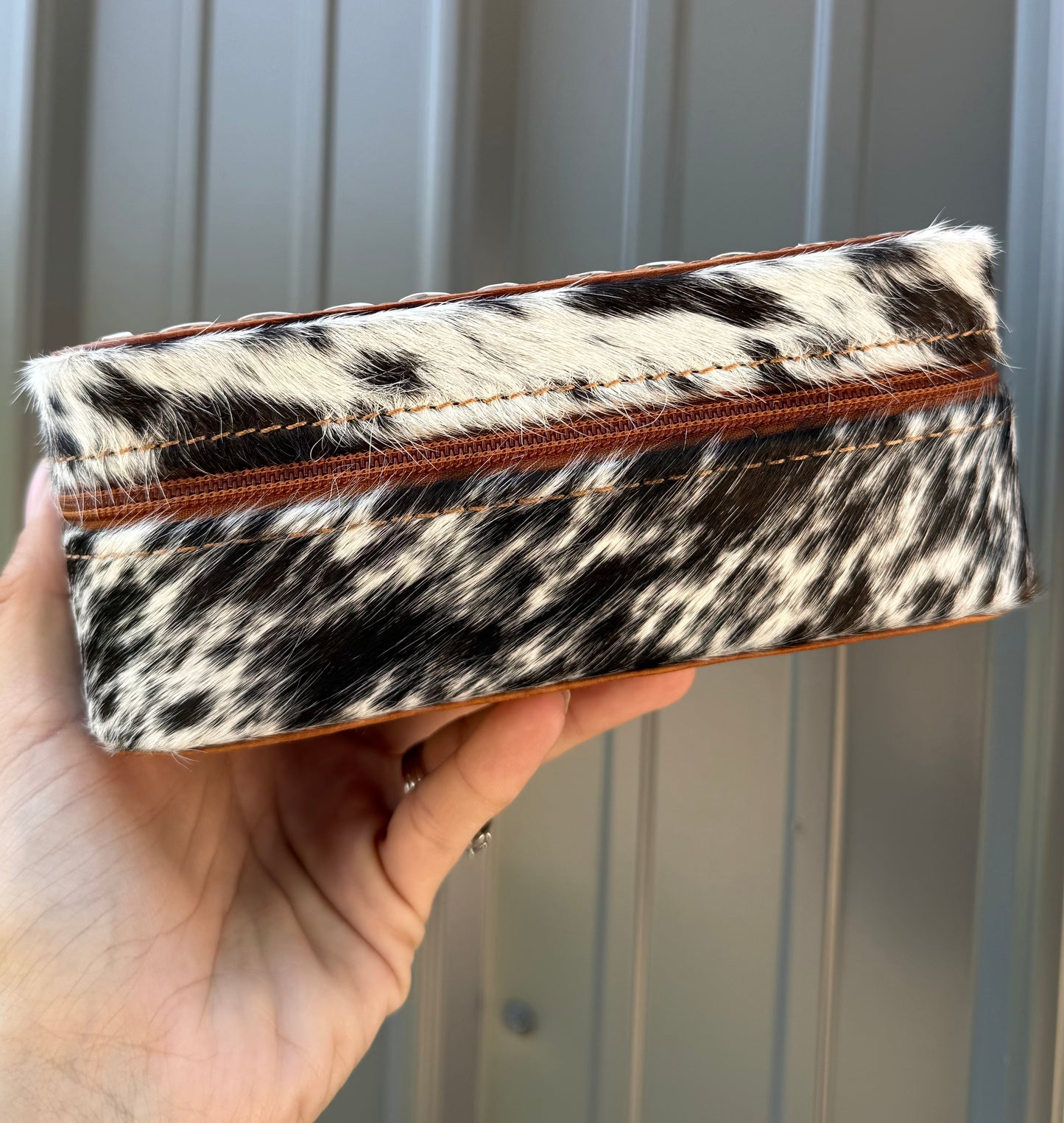 Tooled Floral Brown Speckled Cowhide Rectangle Jewelry Zipper Box