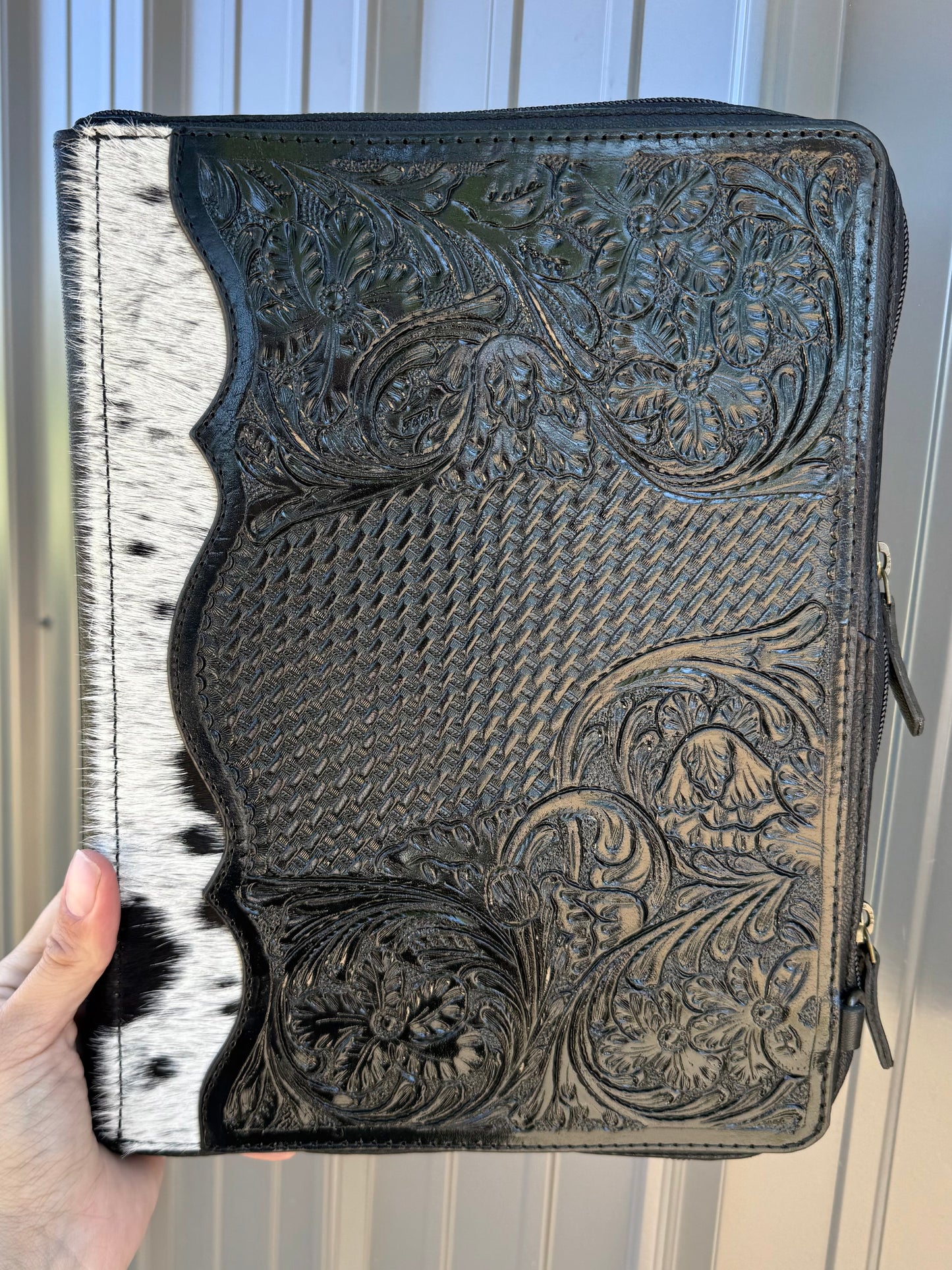Black Tooled Leather Binder Planner Tooled Leather Cowhide with Crossbody Strap