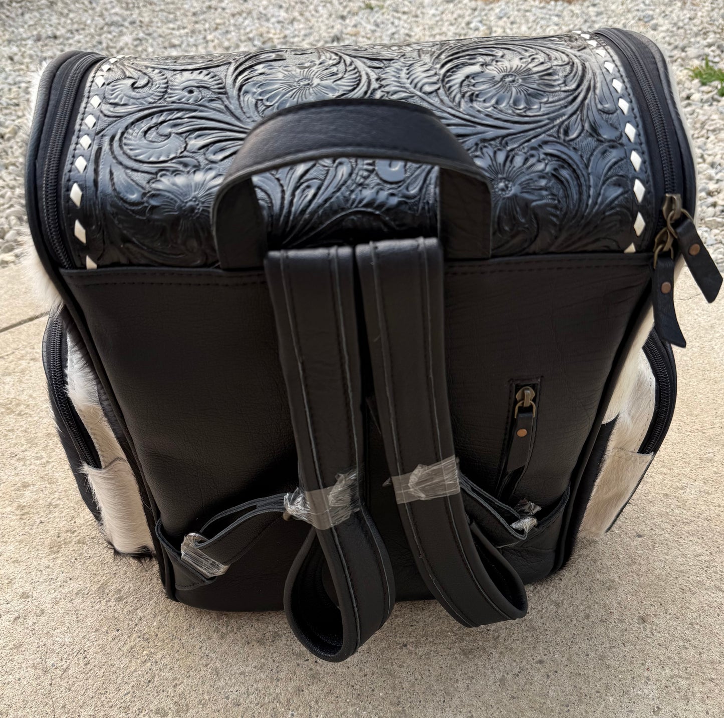 Tooled Leather Black Cowhide Backpack / Diaper Bag