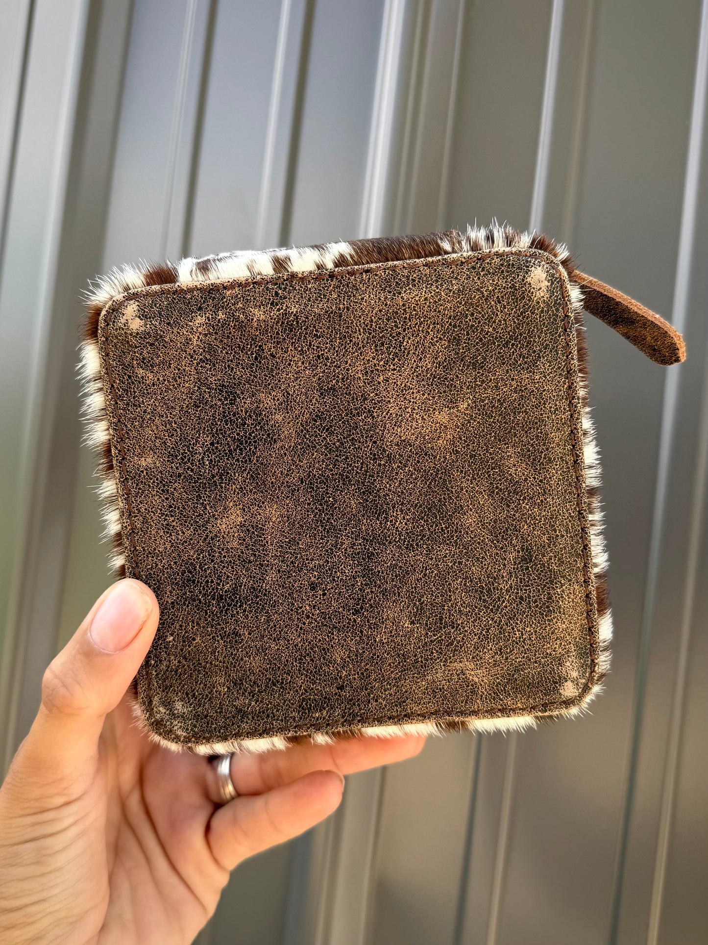 Dark Brown Speckled Cowhide Square Jewelry Zipper Box