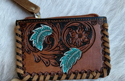 Turquoise Leaf Tooled Leather Coin Purse with cowhide backing