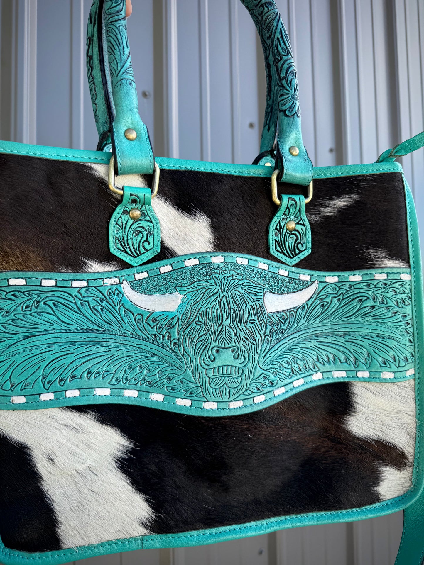 Turquoise Tooled Genuine Cowhide Highland Cow Purse with Crossbody