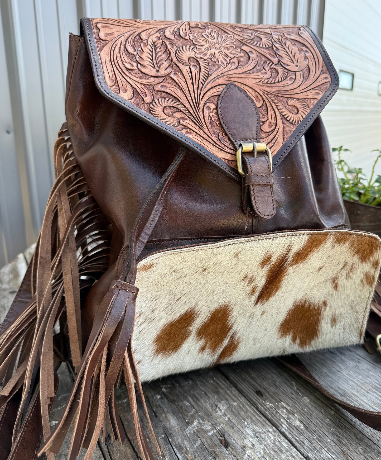 Genuine Tooled Leather Cowhide Backpack / Diaper Bag