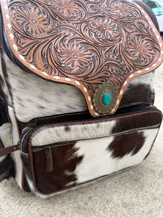 Tooled Leather Brown Cowhide Turquoise Concho Backpack / Diaper Bag