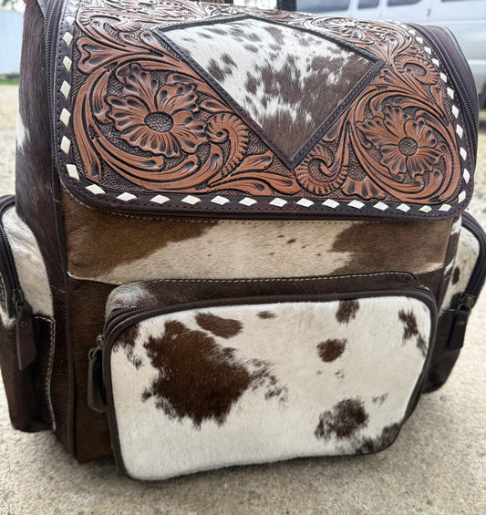 Tooled Leather Brown Speckled Cowhide Diamond Backpack / Diaper Bag