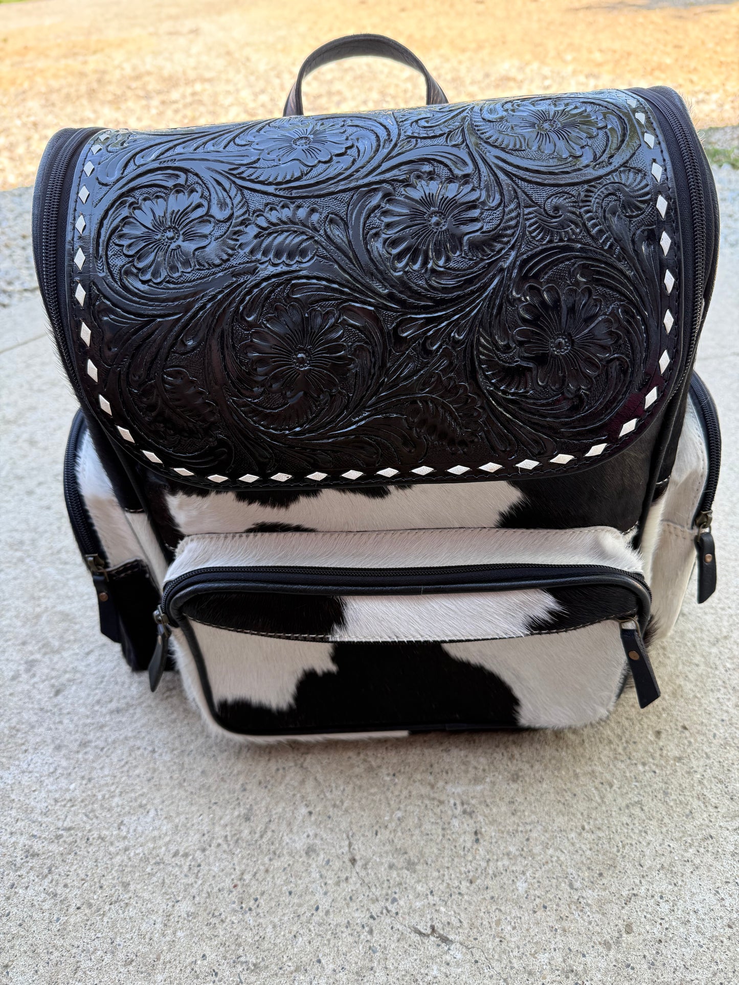 Tooled Leather Black Cowhide Backpack / Diaper Bag