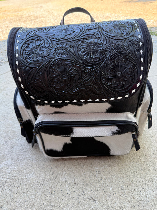 Tooled Leather Black Cowhide Backpack / Diaper Bag