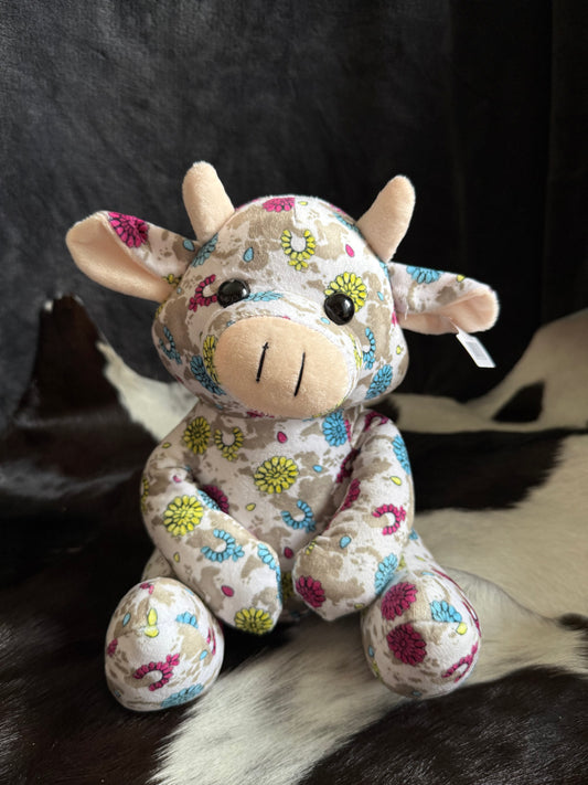Beige Cow Print Turquoise Pink Green Concho Blossom Sitting Cow Plushie