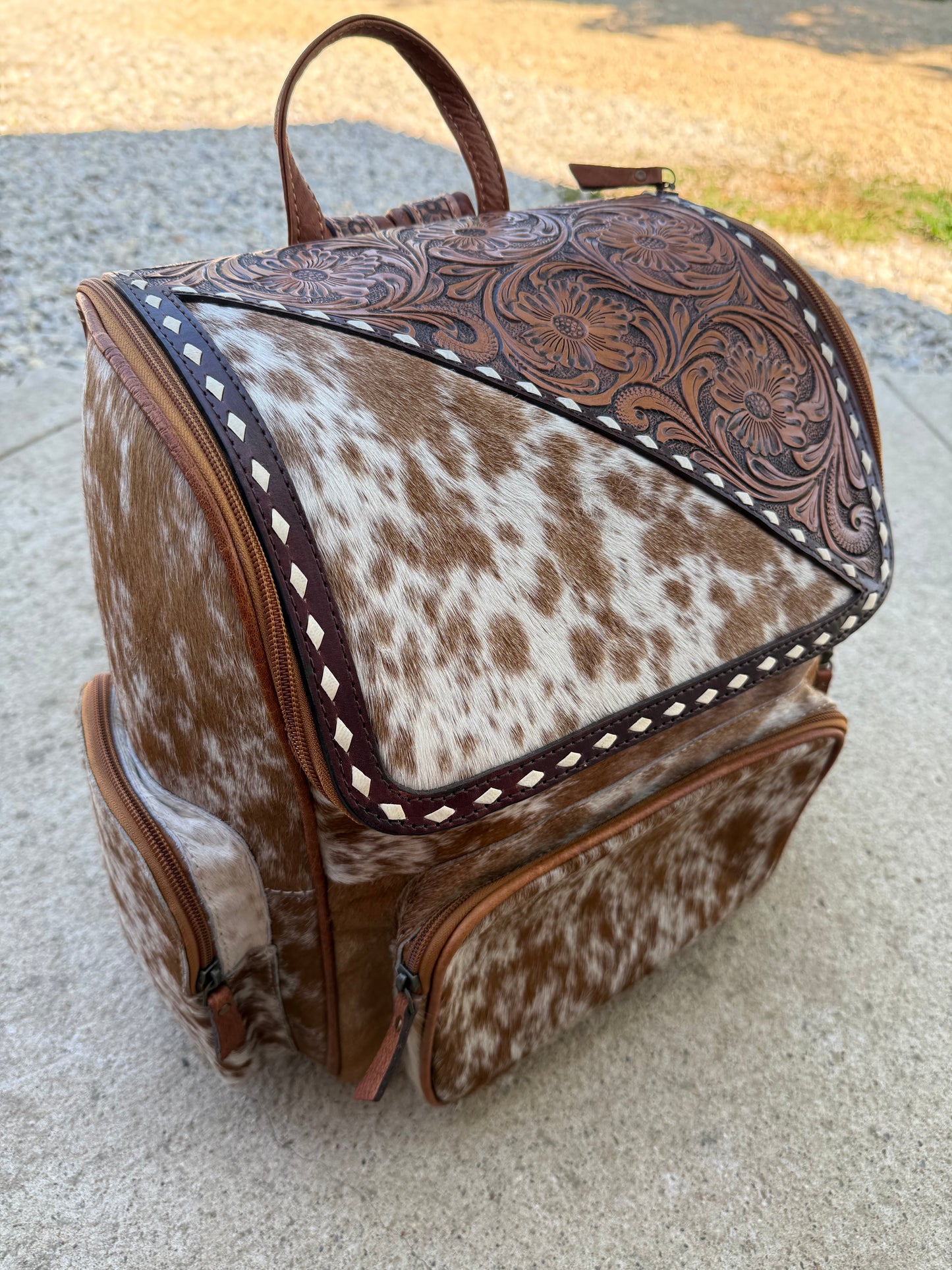 Tooled Leather Slant Brown Speckled Cowhide Backpack / Diaper Bag