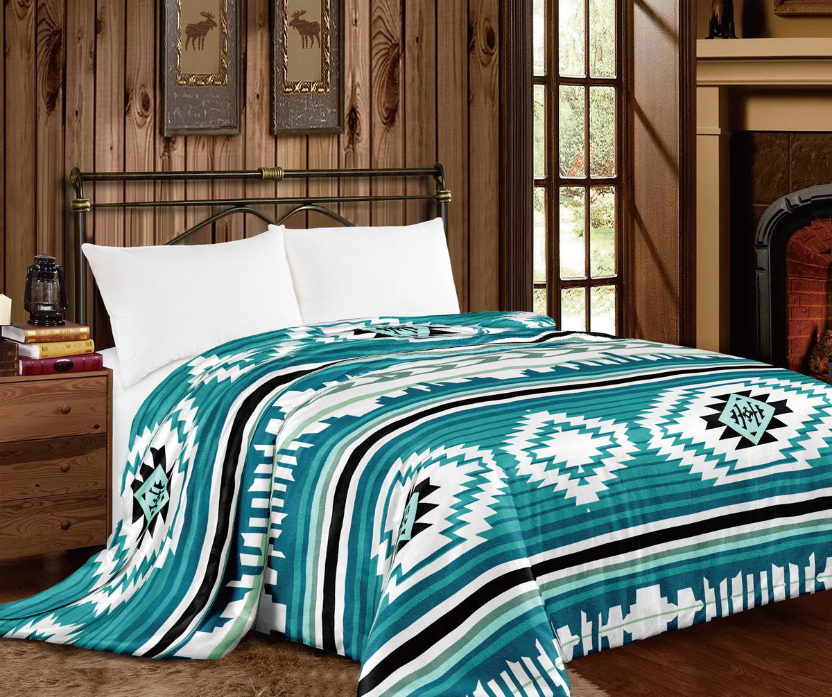 Turquoise Blue Aztec Super Plush Queen Blanket