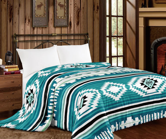 Turquoise Blue Aztec Super Plush Queen Blanket