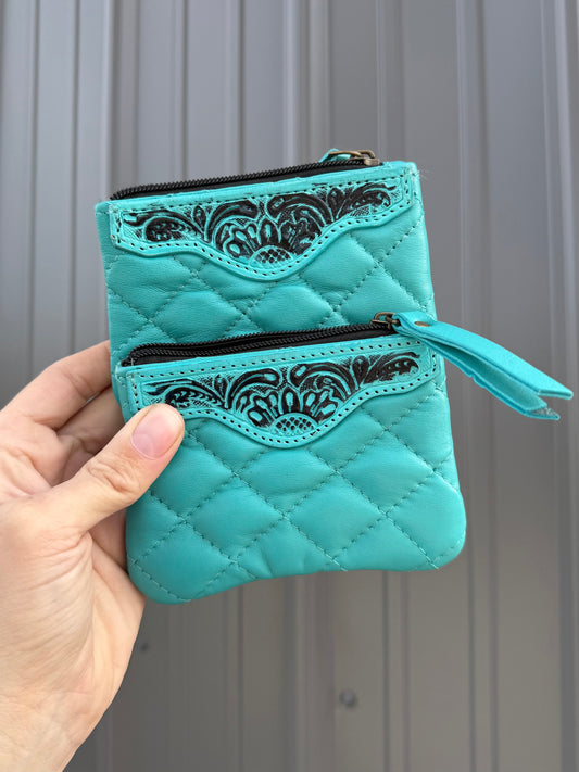 Turquoise Leather Zipper Pouch