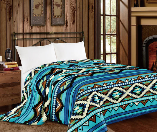 PREORDER Blue Green Brown Aztec Super Plush King Blanket