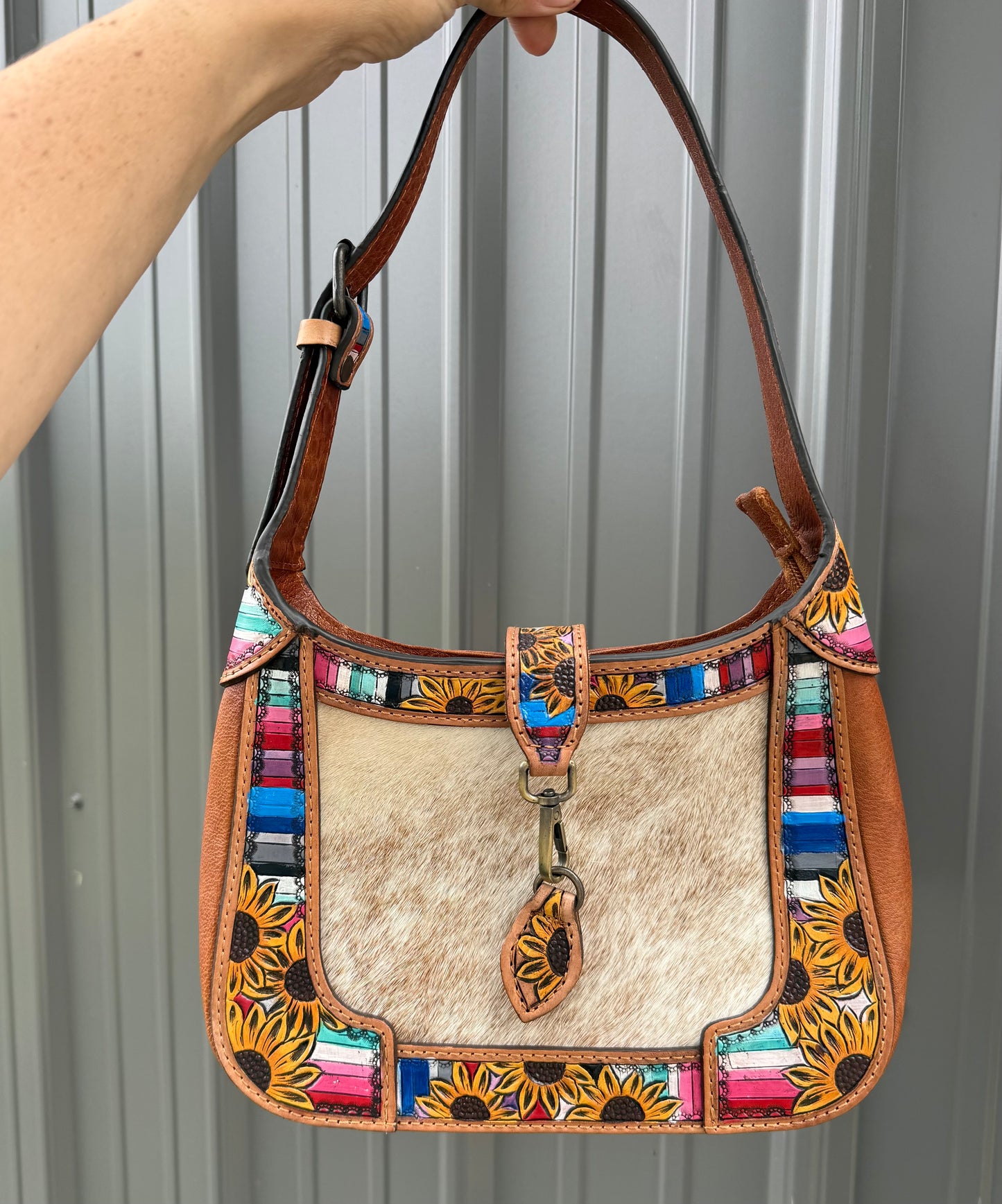 Colorful Sunflower Tooled Genuine Cowhide Purse