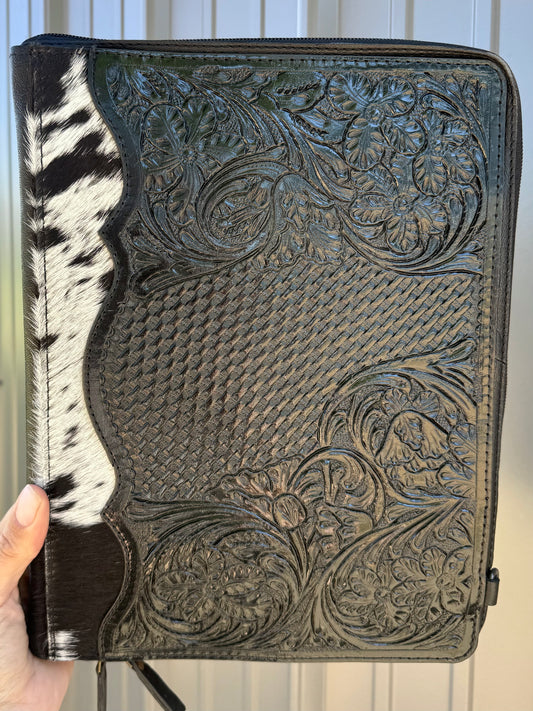 Black Tooled Leather Binder Planner Tooled Leather Cowhide with Crossbody Strap