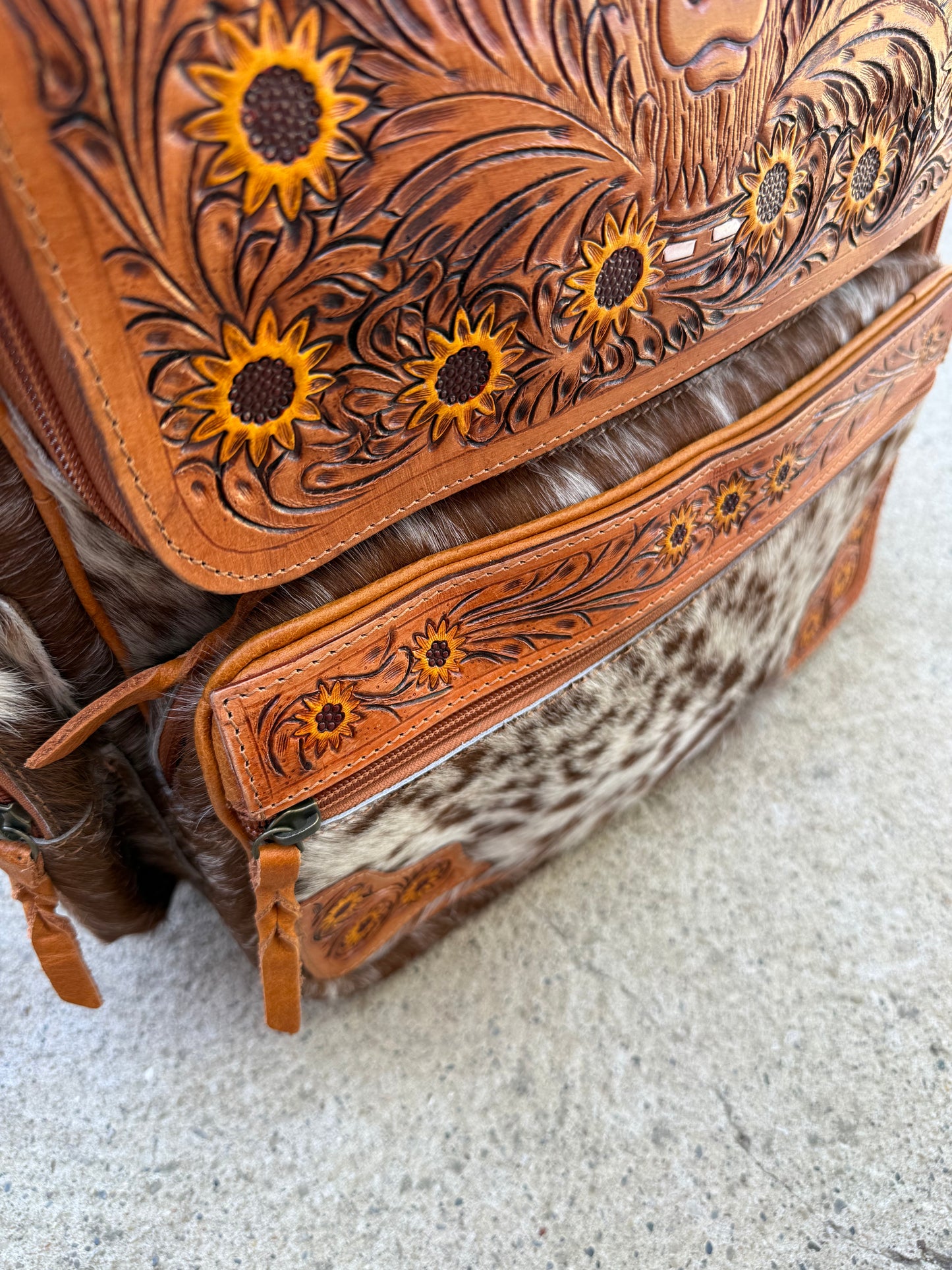Sunflower Highland Cow Tooled Leather Brown Cowhide Backpack / Diaper Bag