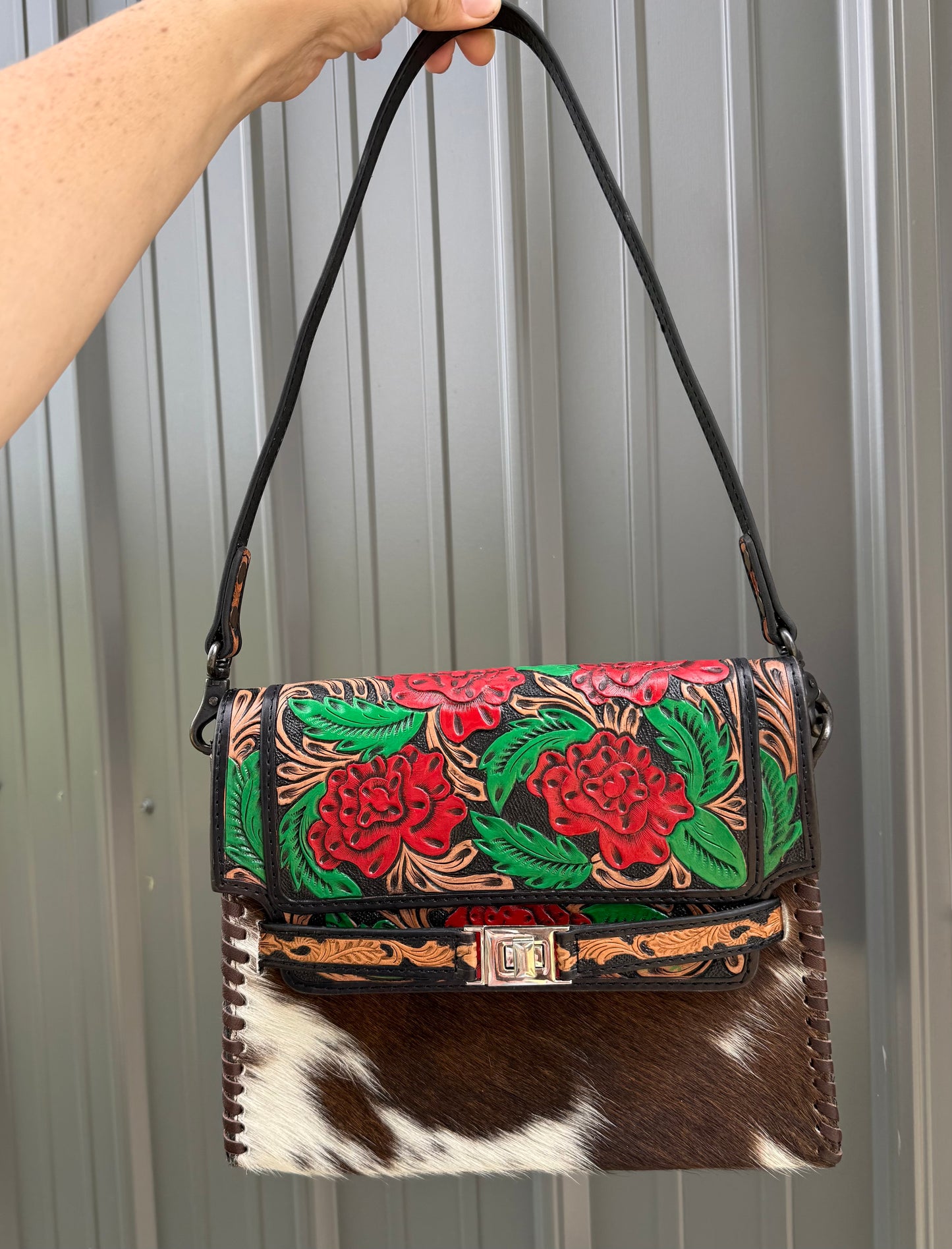 Red Flower Tooled Genuine Cowhide Purse