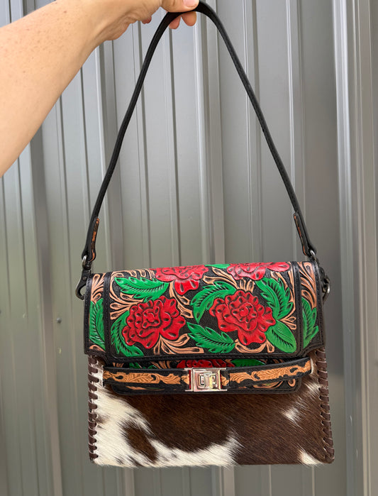 Red Flower Tooled Genuine Cowhide Purse