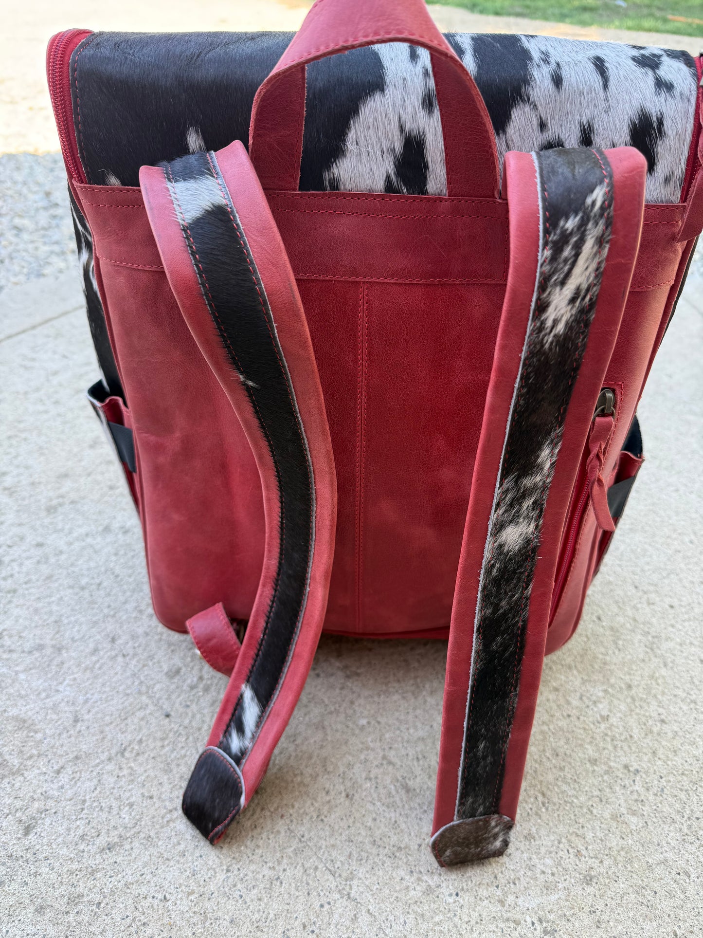 Red Leather Black Cowhide Backpack / Diaper Bag